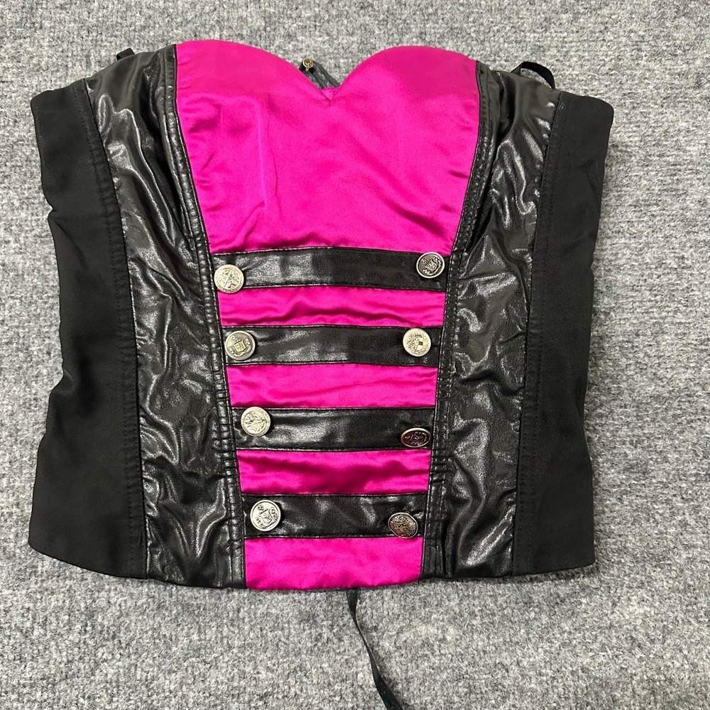 Premier Corset Top Womens Size 10 Pink Black Faux Leather Trim Lace Up Goth Y2K